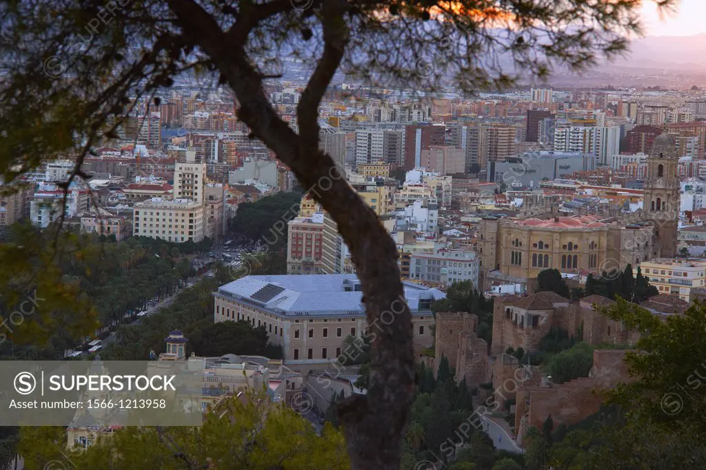 Malaga, Cathedral , View of the city and walls of the Alcazaba  Costa del Sol, Andalucia, Spain.