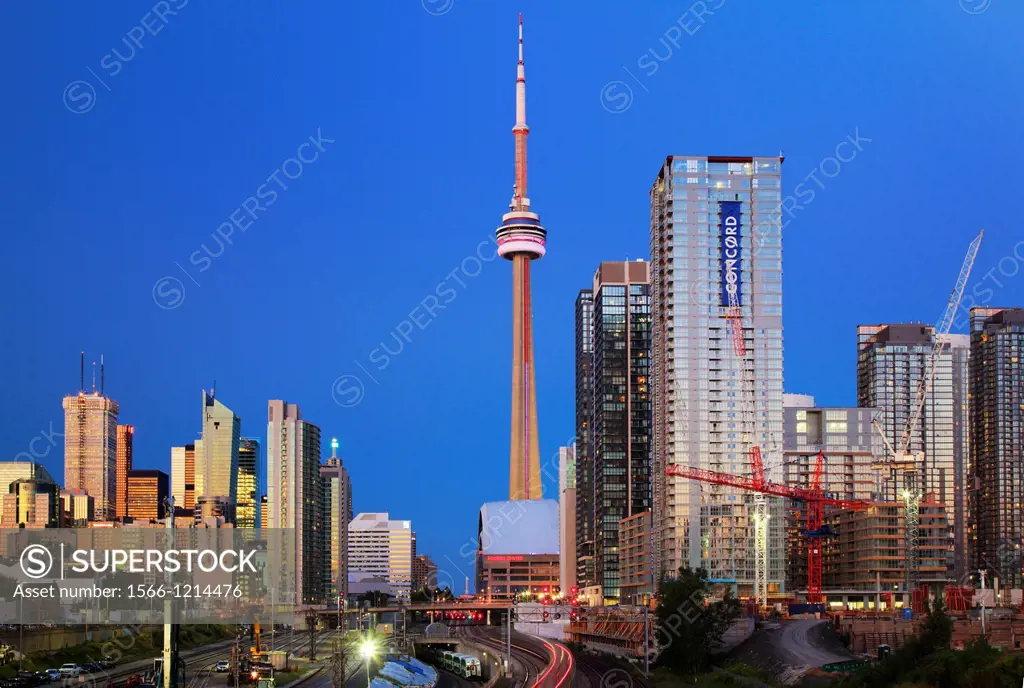 Downtown Toronto skyline, including CN Tower and Rogers Center, as seen in the early evening