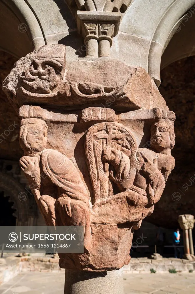 Scene of Annuciation. Capital in the cloister of monastery San Juan de la Pena in Aragón, Spain.
