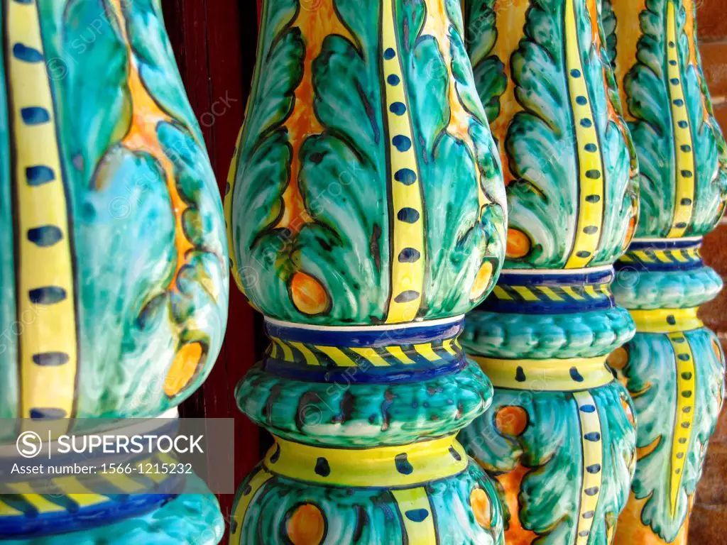 Window with Traditional Enameled Ceramic Columns, Isla Cristina, Huelva, Andalucia, Spain.