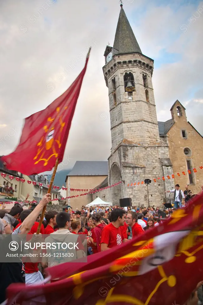 Church of Sant Miquel  ´ Party Aran per sa lengua´ in defence of ´aranes´ language  Romanesque church  Vielha  Aran Valley  Pyrenees  Lleida province ...