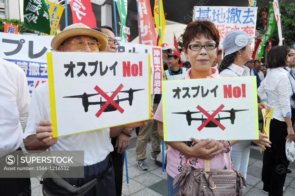 Naha, Okinawa, Japan, people gathering in front of Okinawas Prefecture to protest against the American military occupation of Okinawa, the use of V-2...