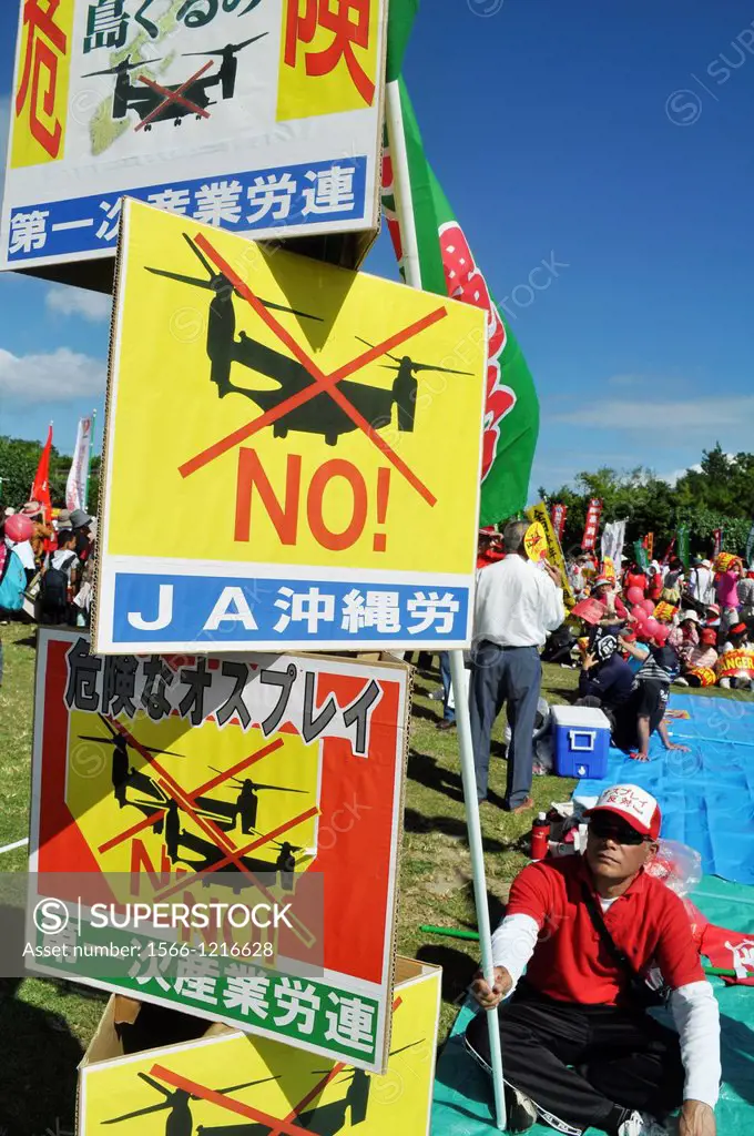 Ginowan, Okinawa, Japan, people protesting against the American military occupation of Okinawa and the use of V-22 Osprey helicopters