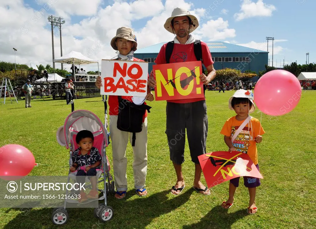 Ginowan, Okinawa, Japan, family protesting against the American military occupation of Okinawa and the use of V-22 Osprey helicopters