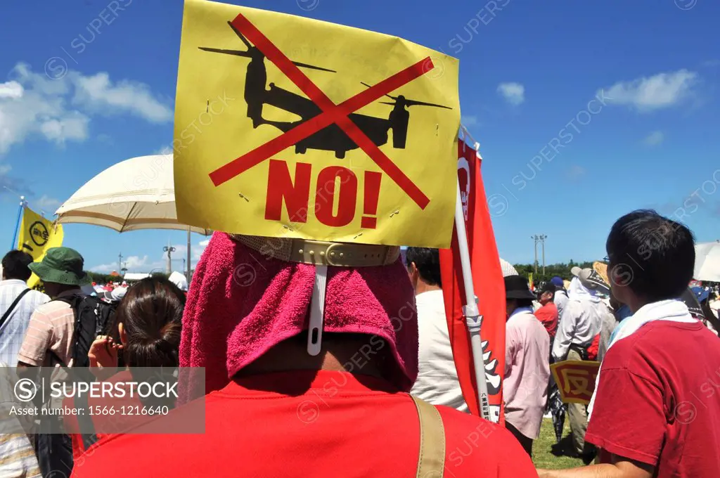 Ginowan, Okinawa, Japan, people protesting against the American military occupation of Okinawa and the use of V-22 Osprey helicopters