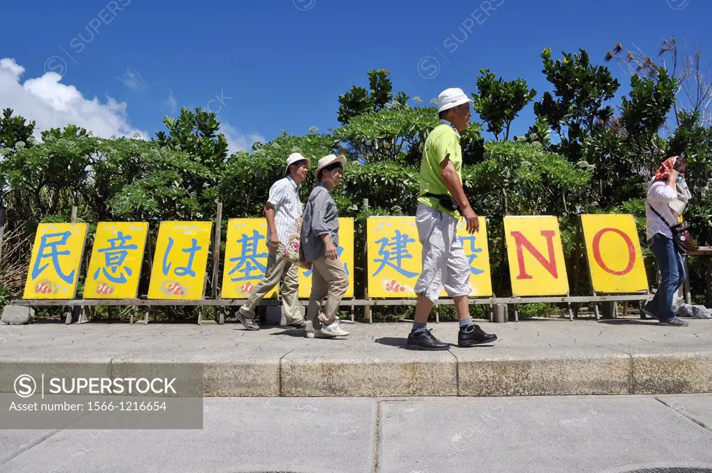 Henoko, Okinawa, Japan, people protesting against the American military occupation of Okinawa and the use of V-22 Osprey helicopters
