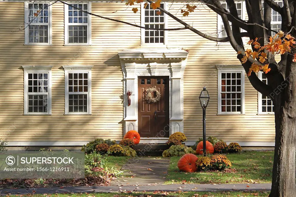 An autumn view of a home in Old Deerfield, Massachusetts