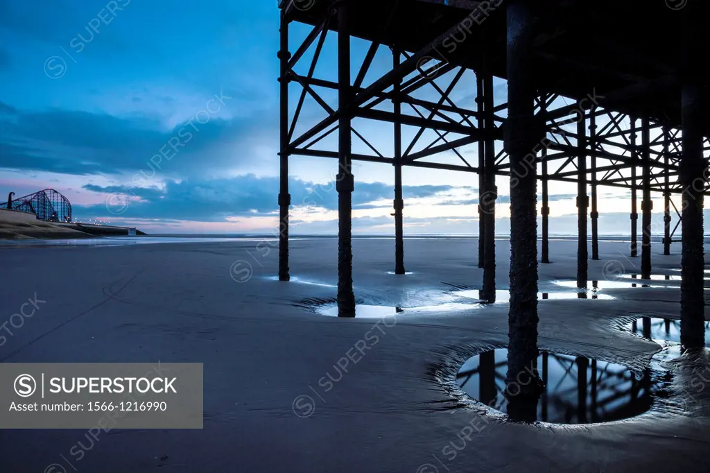England, Lancashire, Blackpool  Underneath the Blackpool South Pier, looking towards the Blackpool Pleasure Beach