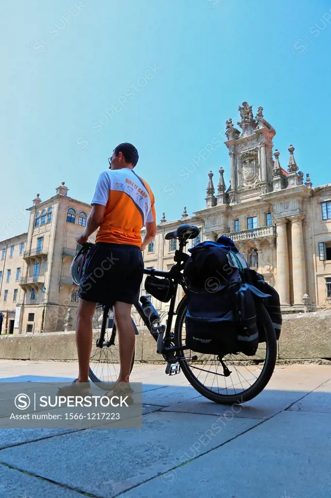 bicycle pilgrims, Mosteiro de San Martiño Pinario, Praza da Inmaculada, Santiago de Compostela, A Coruña province, Galicia, Spain.