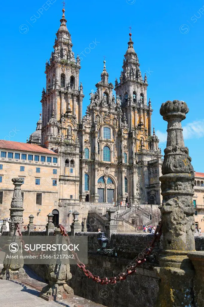 Cathedral from the Parador Hostal Reyes Catolicos, Praza do Obradoiro, Santiago de Compostela, A Coruña province, Galicia, Spain.