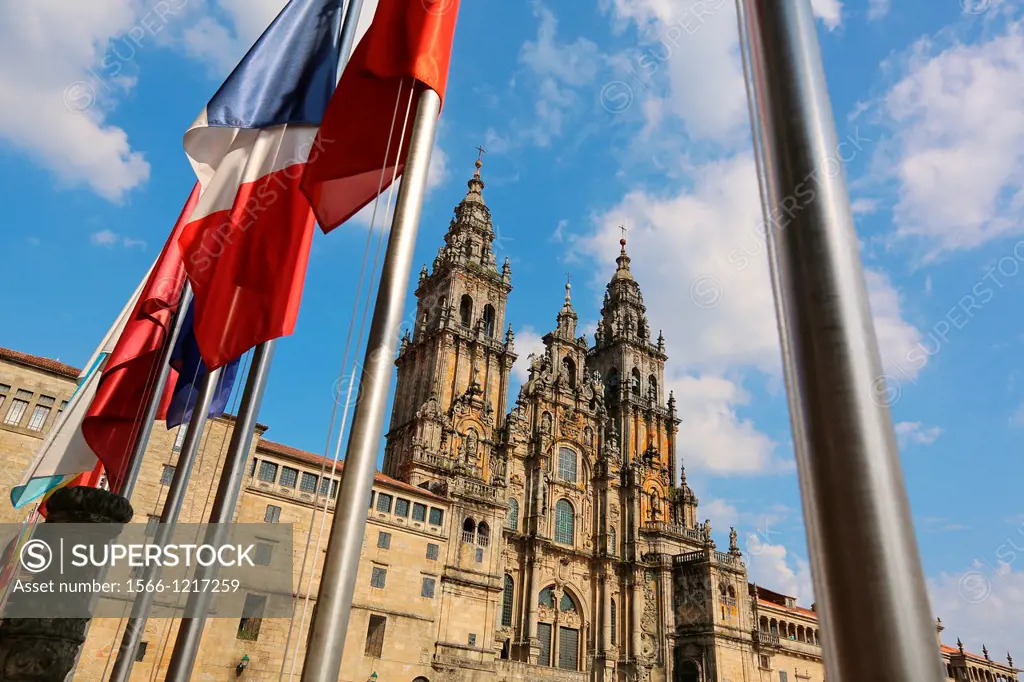 Cathedral from the Parador Hostal Reyes Catolicos, Praza do Obradoiro, Santiago de Compostela, A Coruña province, Galicia, Spain