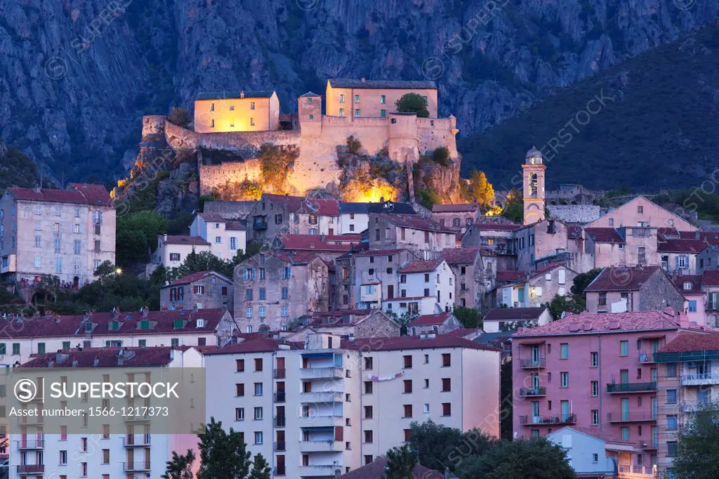 France, Corsica, Haute-Corse Department, Central Mountains Region, Corte, city and Citadel, dawn