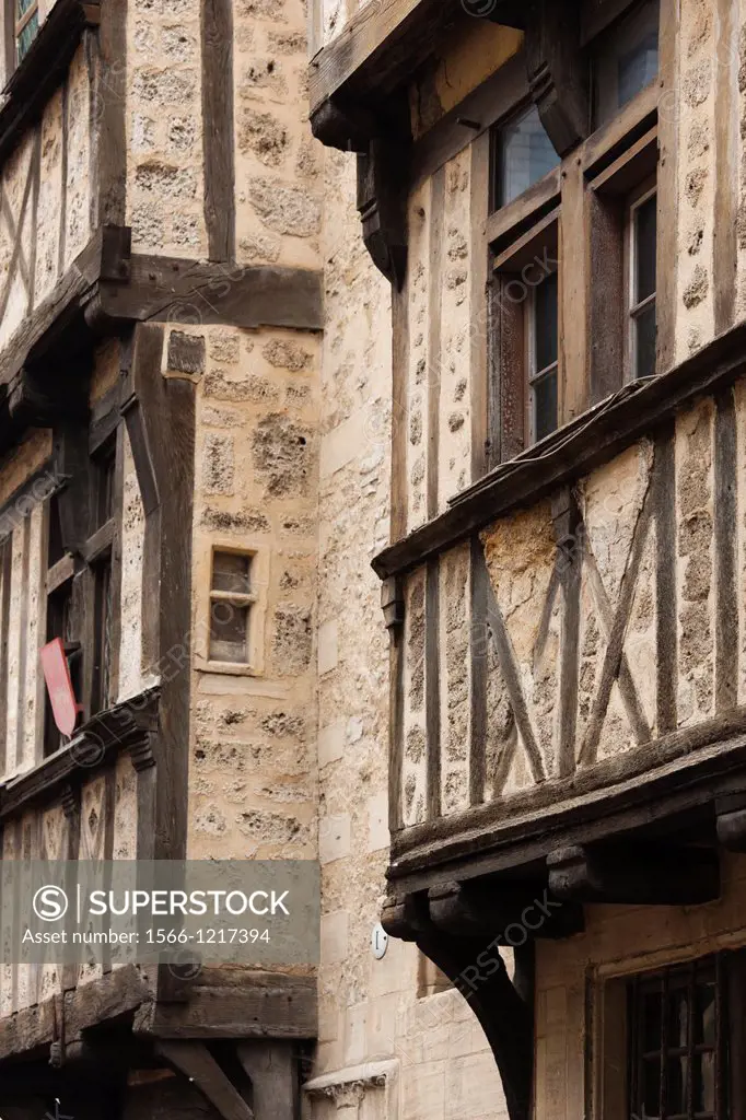 France, Normandy Region, Calvados Department, Bayeux, rue St-Martin street, half-timbered house detail