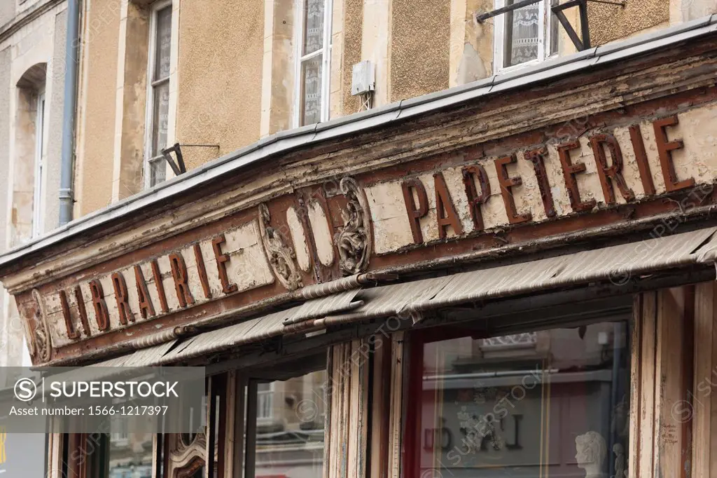 France, Normandy Region, Calvados Department, Bayeux, rue St-Martin street, old sign for book and paper store