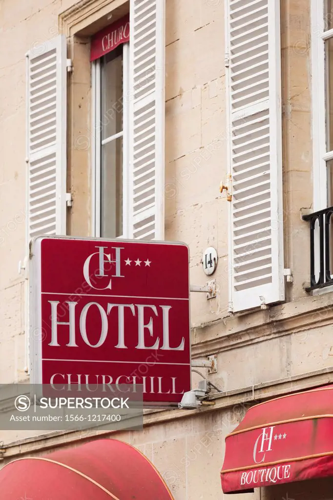 France, Normandy Region, Calvados Department, Bayeux, sign for the Hotel Churchill