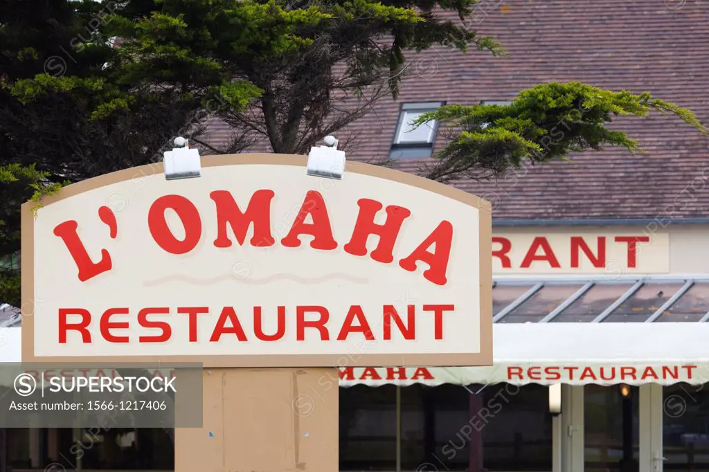 France, Normandy Region, Calvados Department, D-Day Beaches Area, St-Laurent Sur Mer,, WW2-era Omaha Beach, sign for Le Omaha Restaurant