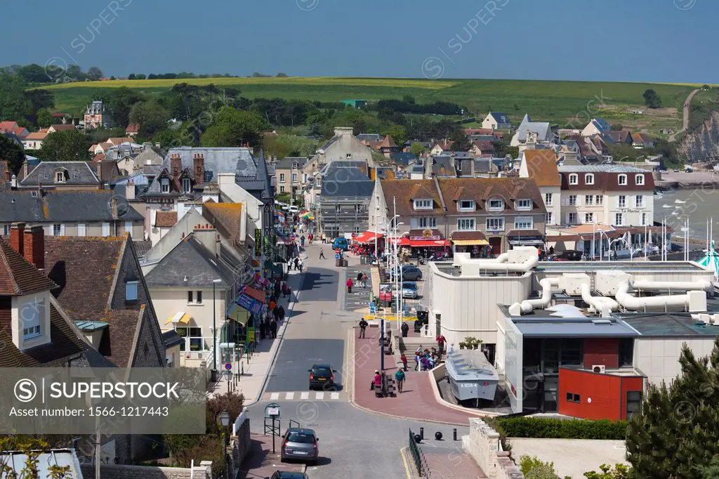France, Normandy Region, Calvados Department, D-Day Beaches Area, Arromanches les Bains, elevated town view
