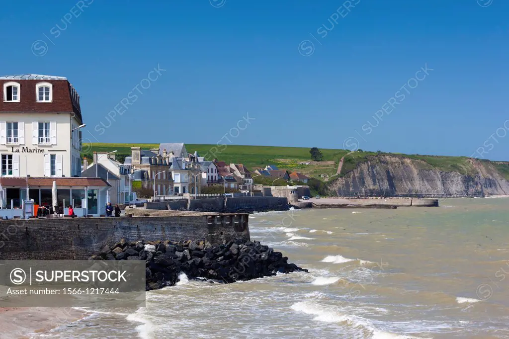 France, Normandy Region, Calvados Department, D-Day Beaches Area, Arromanches les Bains, waterfront and La Marine Hotel