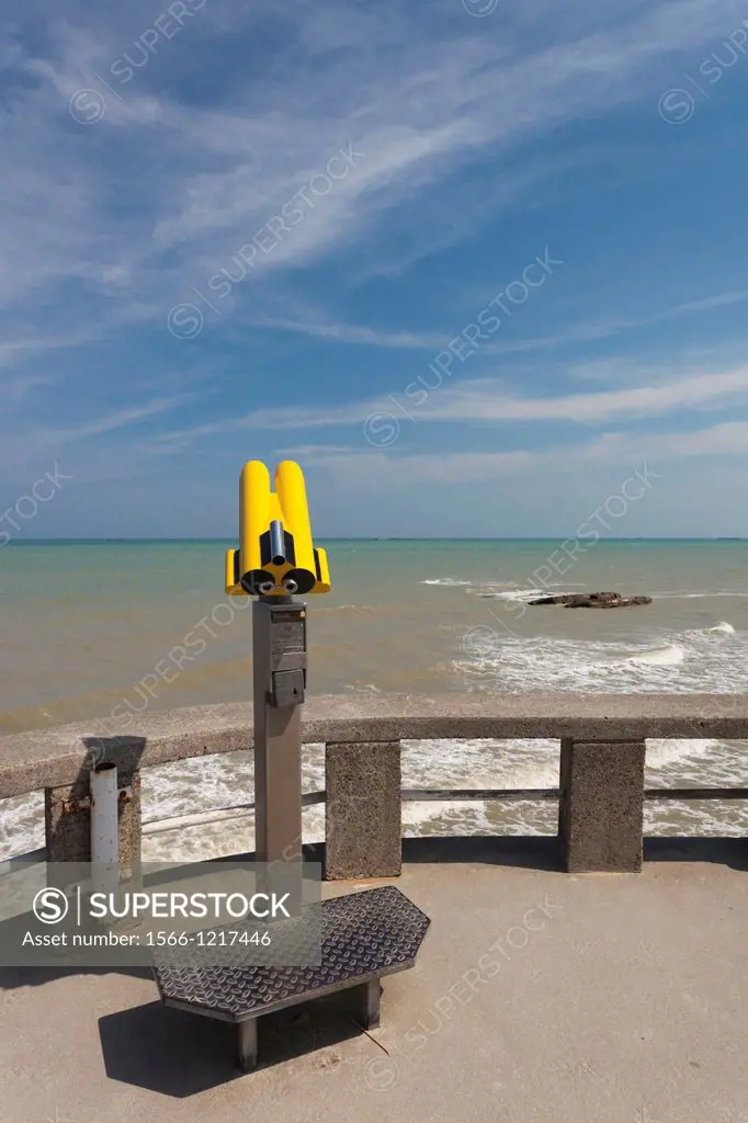 France, Normandy Region, Calvados Department, D-Day Beaches Area, Arromanches les Bains, waterfront and viewing binocculars