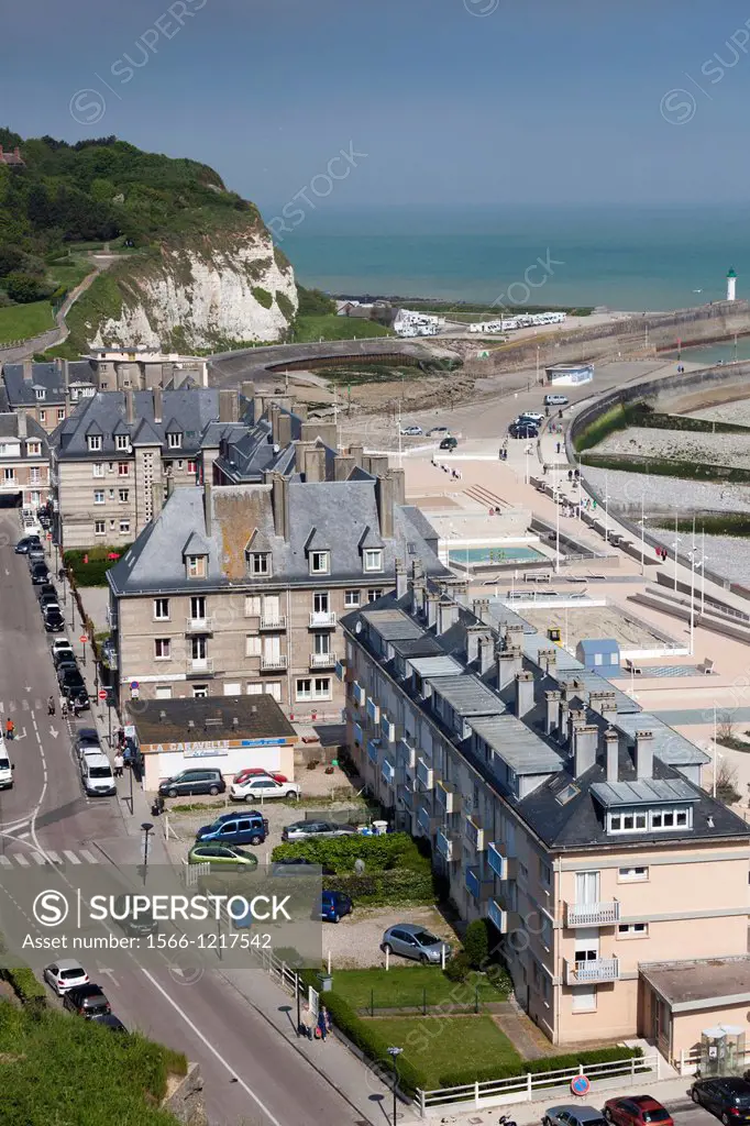 France, Normandy Region, Seine-Maritime Department, St-Valery en Caux, elevated town view