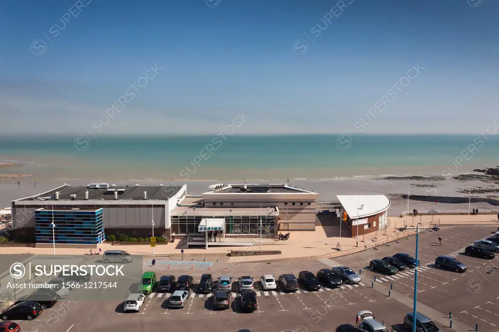 France, Normandy Region, Seine-Maritime Department, St-Valery en Caux, elevated view of beach and casino