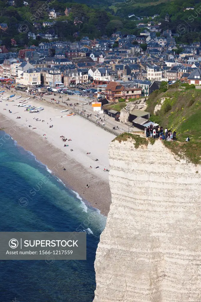 France, Normandy Region, Seine-Maritime Department, Etretat, elevated view of town beach