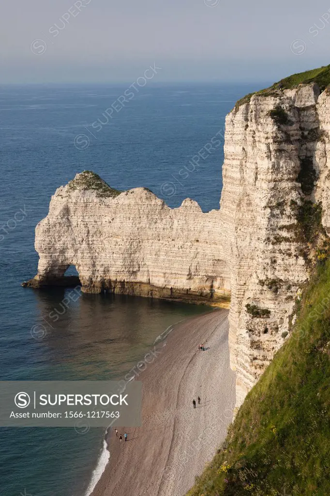 France, Normandy Region, Seine-Maritime Department, Etretat, elevated view of town beach