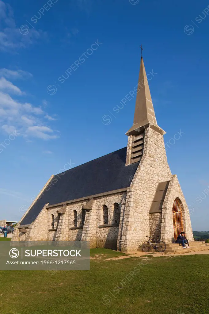 France, Normandy Region, Seine-Maritime Department, Etretat, Falaise De Amont cliffs, Eglise Notre Dame de la Garde church