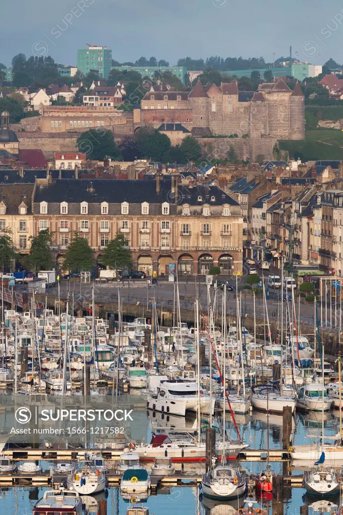 France, Normandy Region, Seine-Maritime Department, Dieppe, elevated view of the Port de Plaissance harbor, dawn