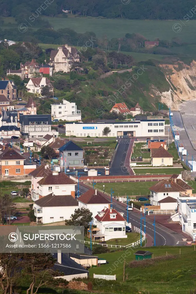 France, Normandy Region, Seine-Maritime Department, Pourville Sur Mer, elevated view of town, morning