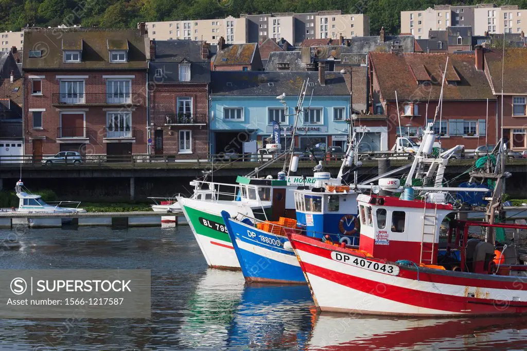 France, Normandy Region, Seine-Maritime Department, Le Treport, town view with fishing boats