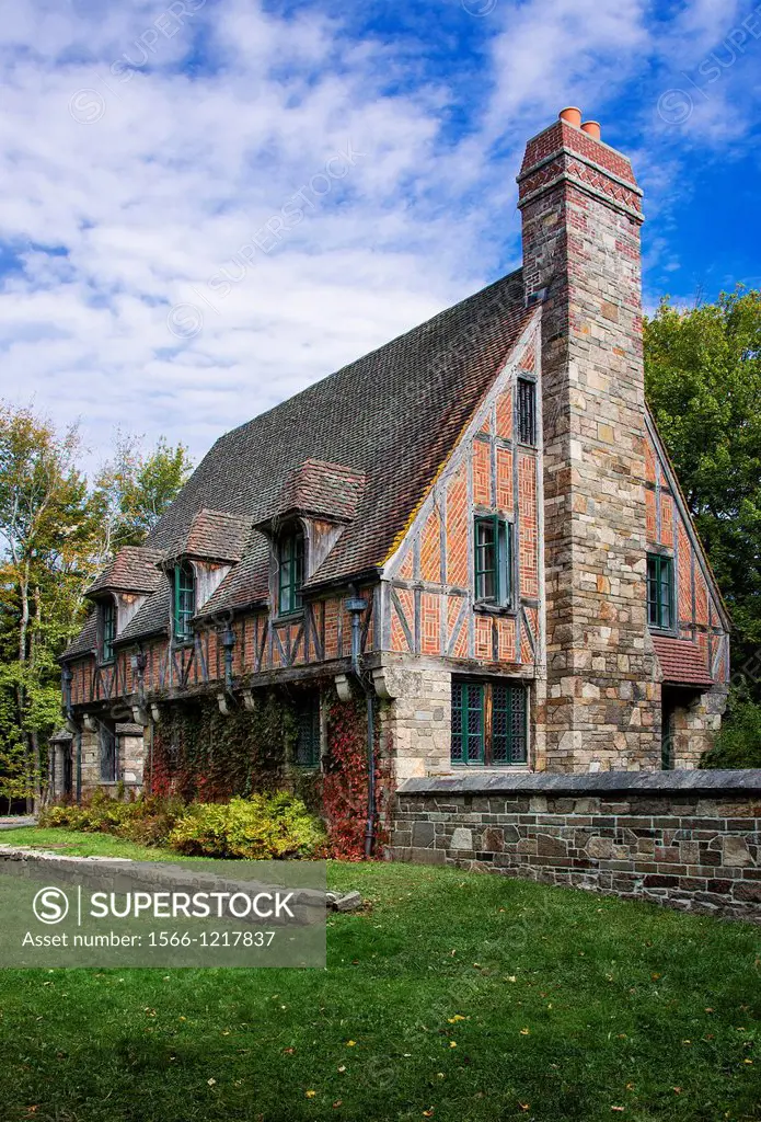 Tudor style gatehouse located by Jordon Pond within Acadia National Park, Maine, USA  Built by John D  Rockefeller