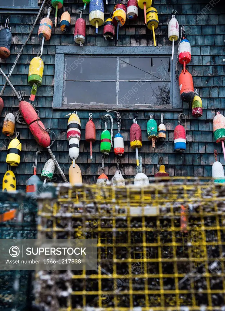 Colorful lobster buoys on a coastal shack, Bernard, Maine, USA