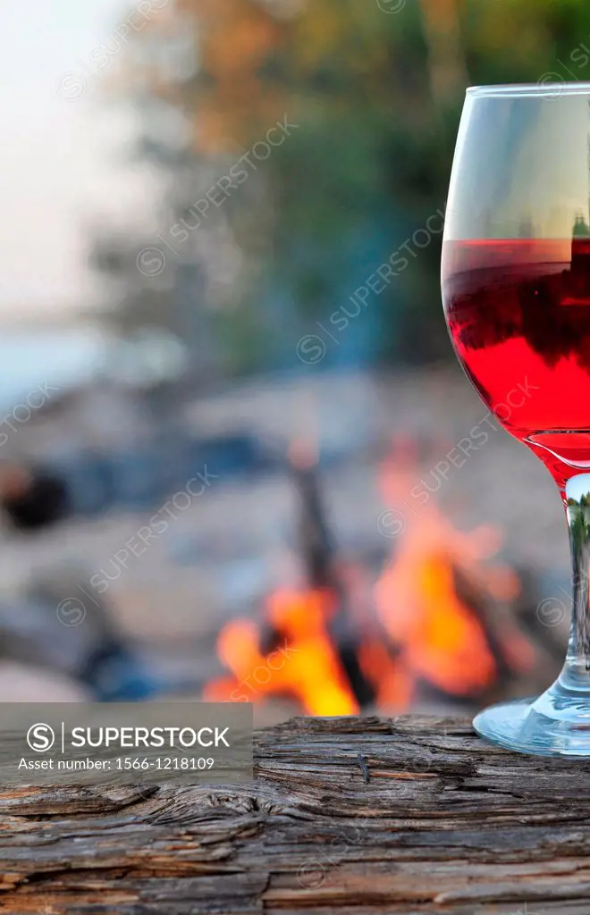 Glass of red wine atop of driftwood near campfire along the Lake Superior shoreline in Marquette Michigan