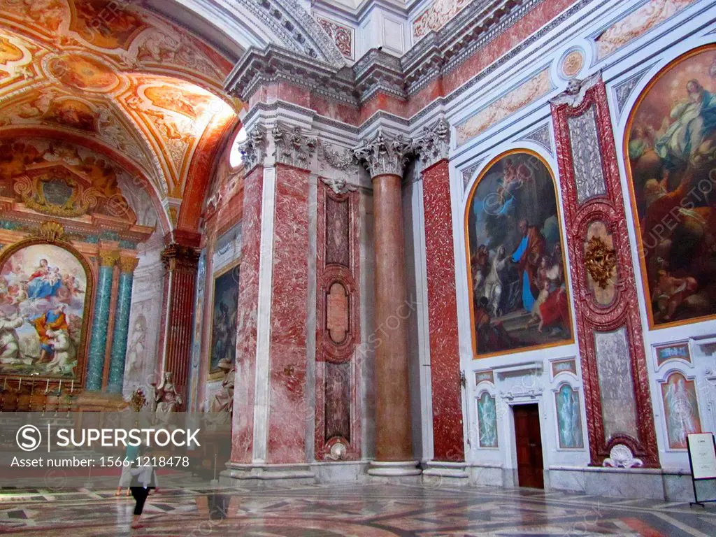 Interior of the Basilica de Santa Maria Degli Angeli e Dei Martiri, built in the Tepidarium of Diocletian baths with the allegorical statues of Medita...