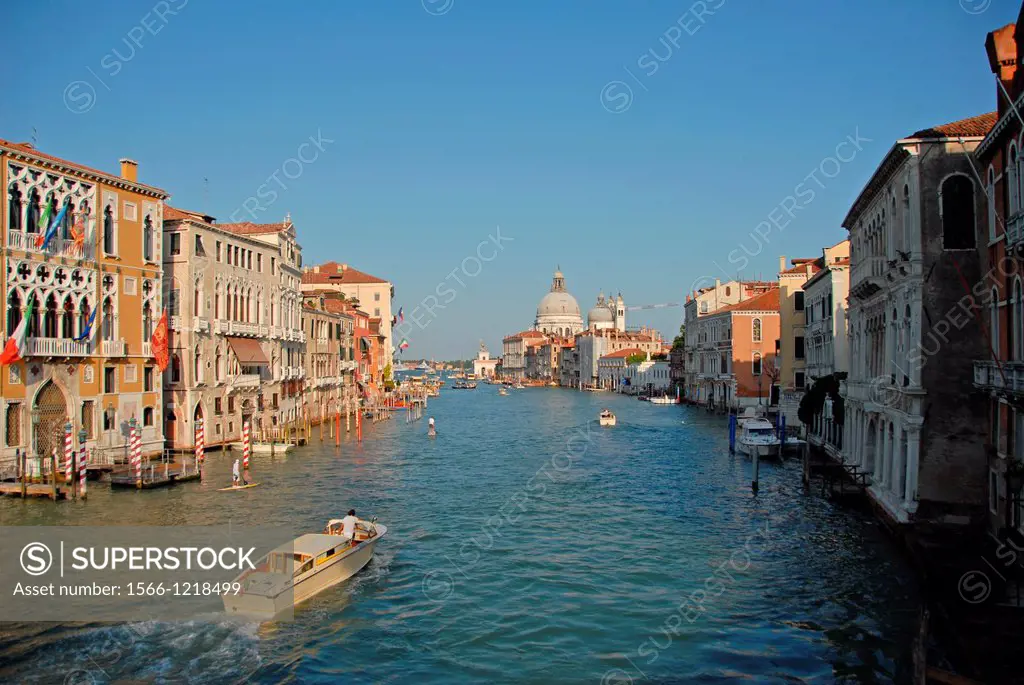 Canal Grande  The Basilica de Santa Maria Della Salute is in the background  Venice, Veneto,Italy, Europe 
