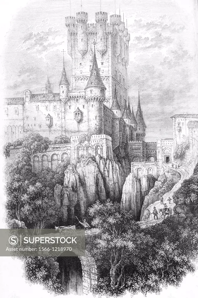 Alcázar de Segovia, Spain Segovia castle Antique illustration, 1856