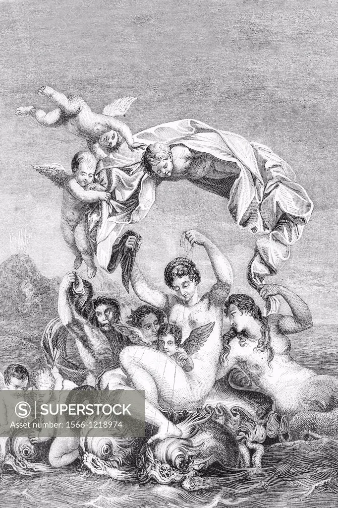 Greek mythology  The Triumph of Galatea by Domenichino  Antique illustration  1856