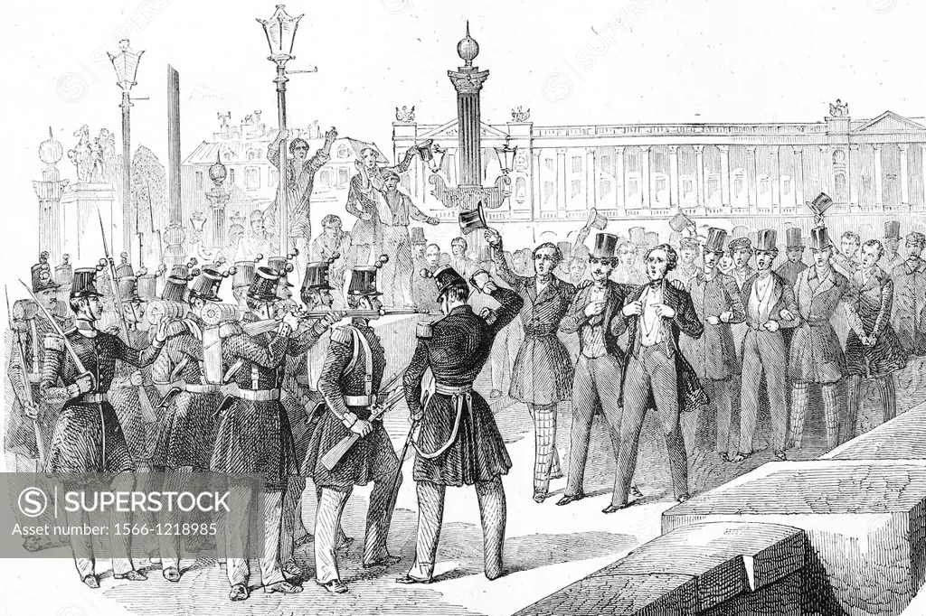 French revolution, 1848  The army hesitates  Antique illustration, 1856