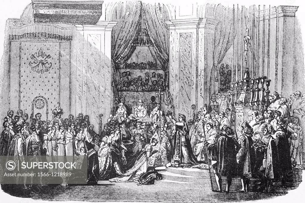 Coronation of French emperor Napoleon I in Notre Dame, Paris  2 December 1804  Antique illustration, 1856