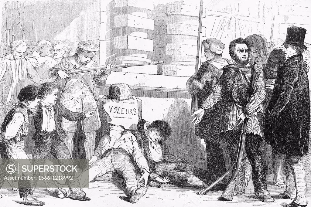 French revolution, 1830  The people punishes thieves  Antique illustration, 1856