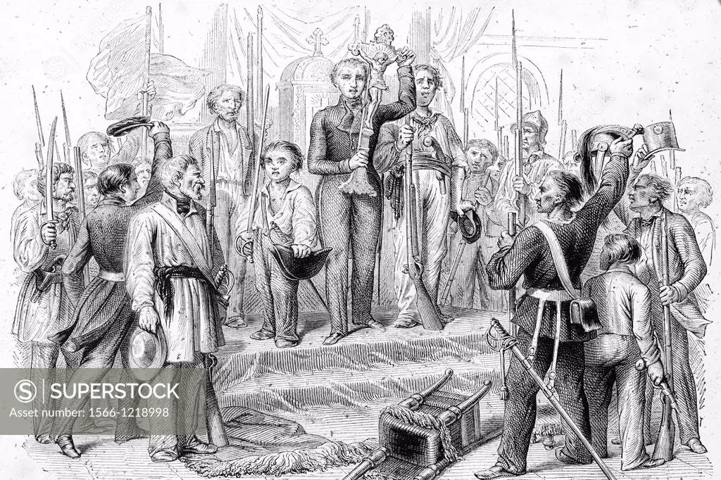 French revolution of 1848  A crucifix is cheered  Antique illustration, 1856