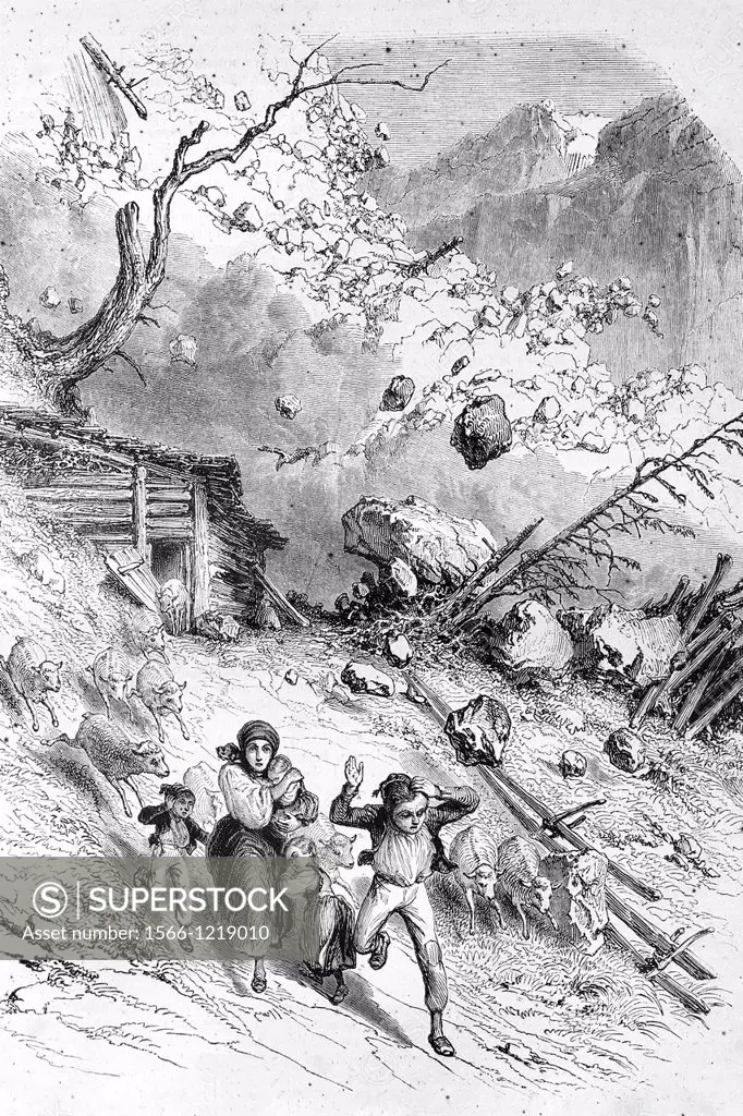 Avalanche in the Swiss Alps  Antique illustration, 1855