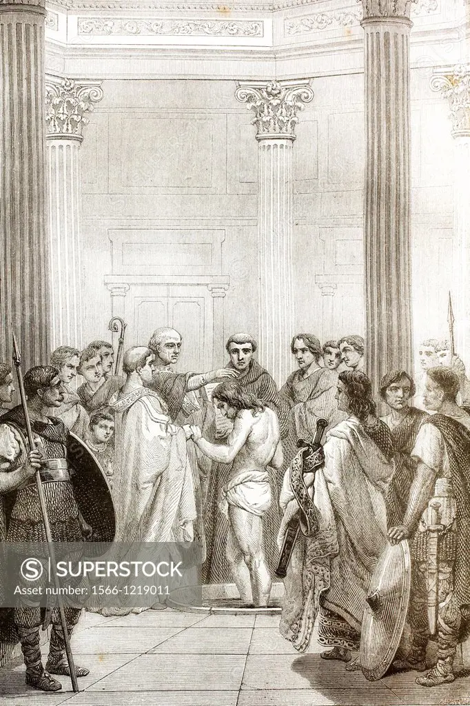 Clovis, king of France 466-511, receiving baptism  Antique illustration, 1855