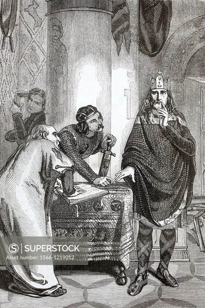 Charlemagne Charles the Great, 742-814, dictating his surrender  Antique illustration, 1855