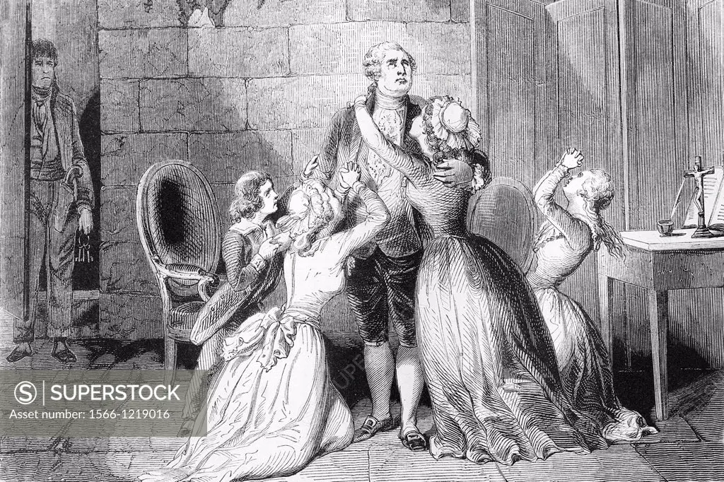 Louis XVI 23th August 1754-21th January 1793 says goodbye to his family before his execution  Antique illustration, 1855