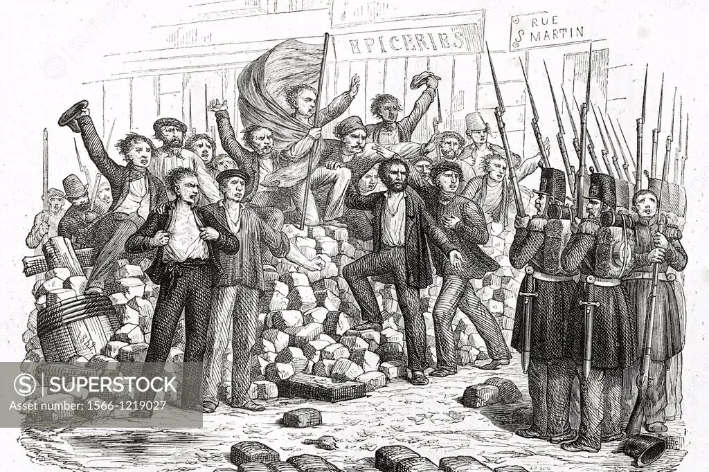 French revolution, the barricades  1830  Antique illustration, 1855