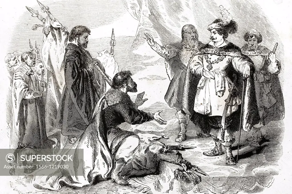 The Boyars offers the Russian crown to Vladislav of Poland  Antique illustration, 1855