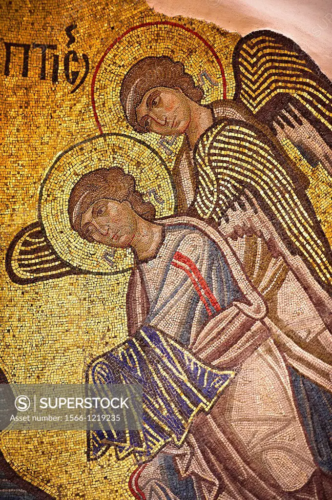 Byzantine mosaics of of angels in Nea Moni built by Constantine IX and Empress Zoe after the miraculous appearance of an Icon of the Virgin Mary at th...