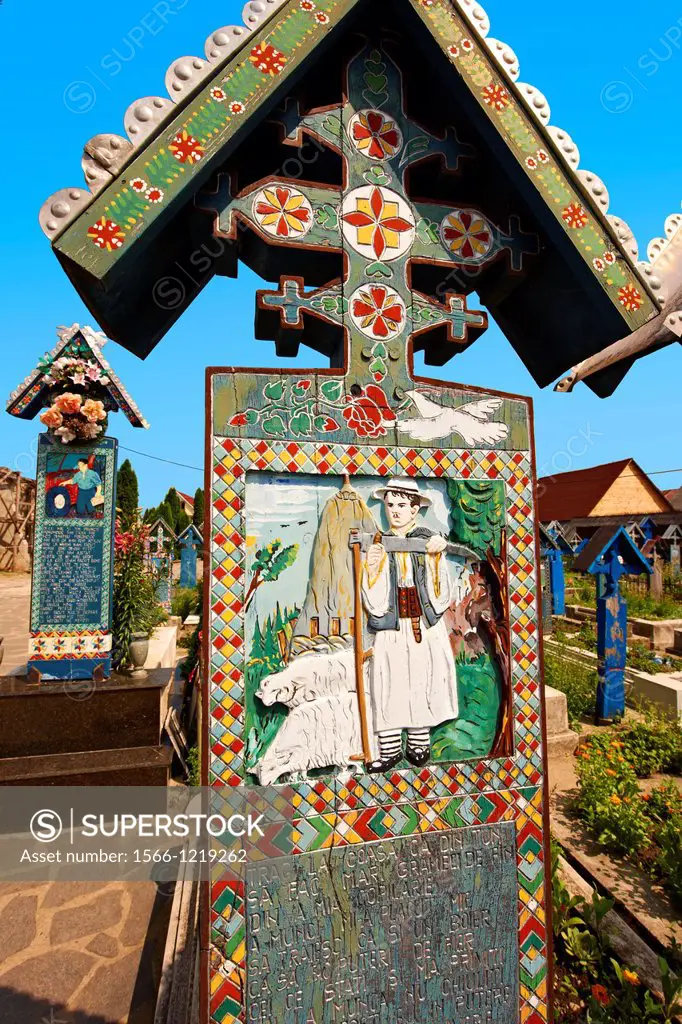 Tombstone of a shepherd , The Merry Cemetery  Cimitirul Vesel , Spna, Maramares, Northern Transylvania, Romania  The naive folk art style of the tomb...